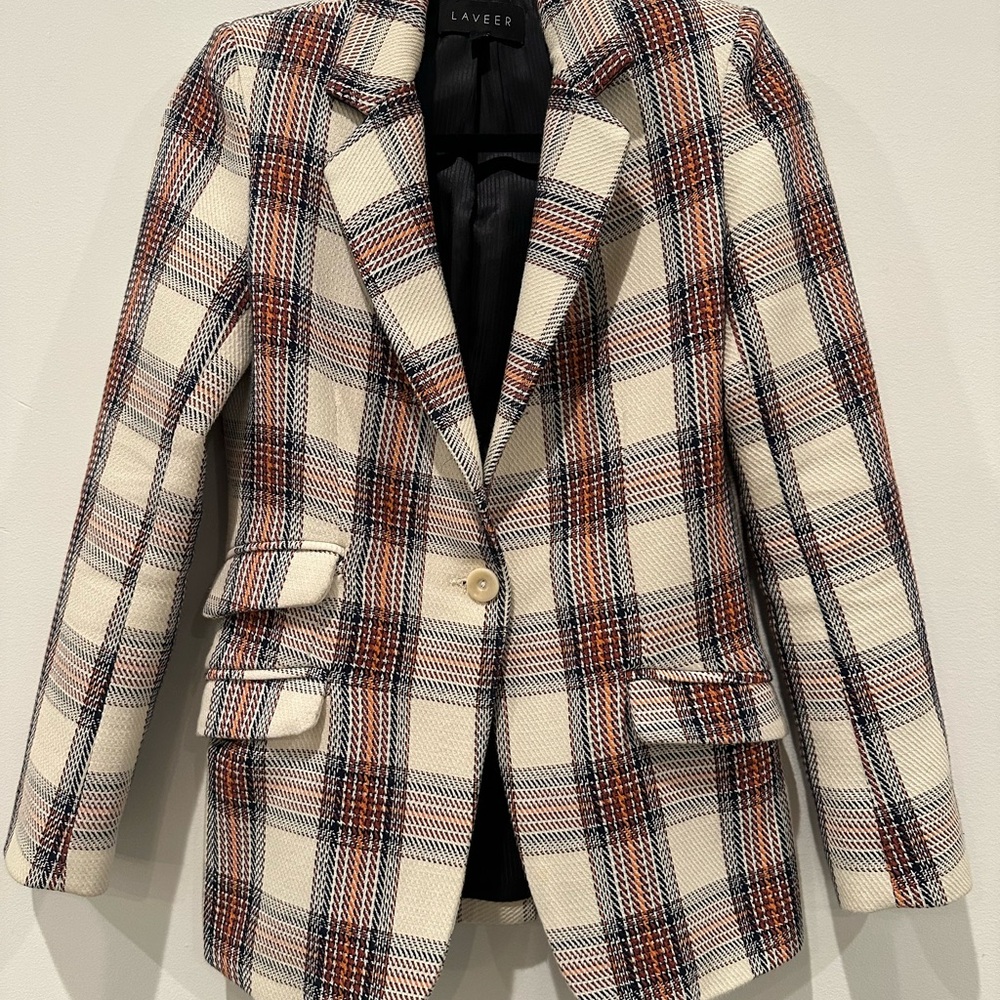 Laveer Women's Plaid Blazer - Cream, Brown, and Red Virgin Wool